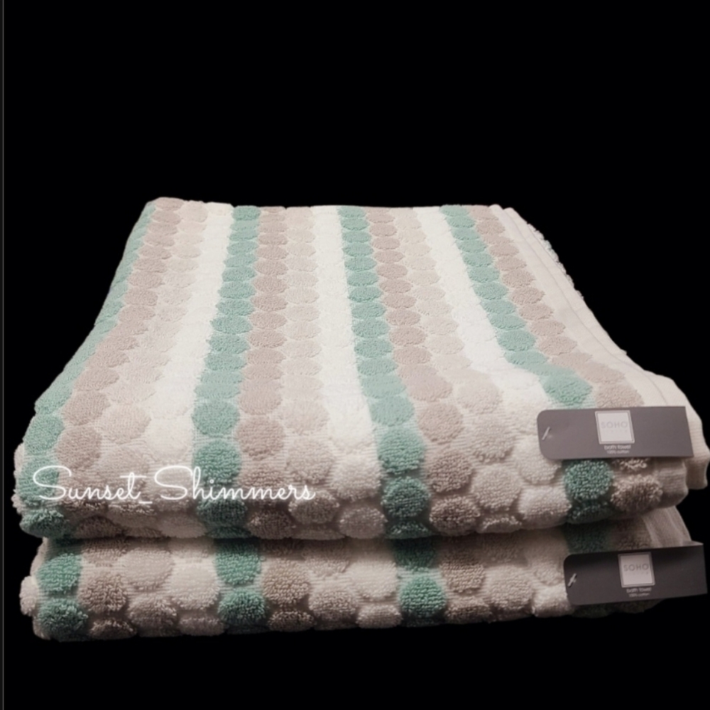 2 Piece Soho Living Bath Towel Set Striped Dot Sea Foam Green Gray White NEW